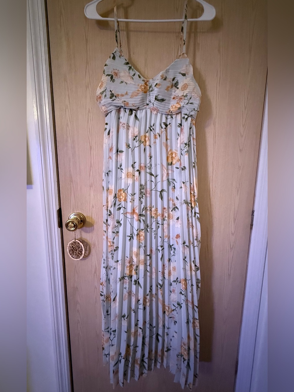 By The River light green Floral Pleated Maxi Dress with Yellow Blooms